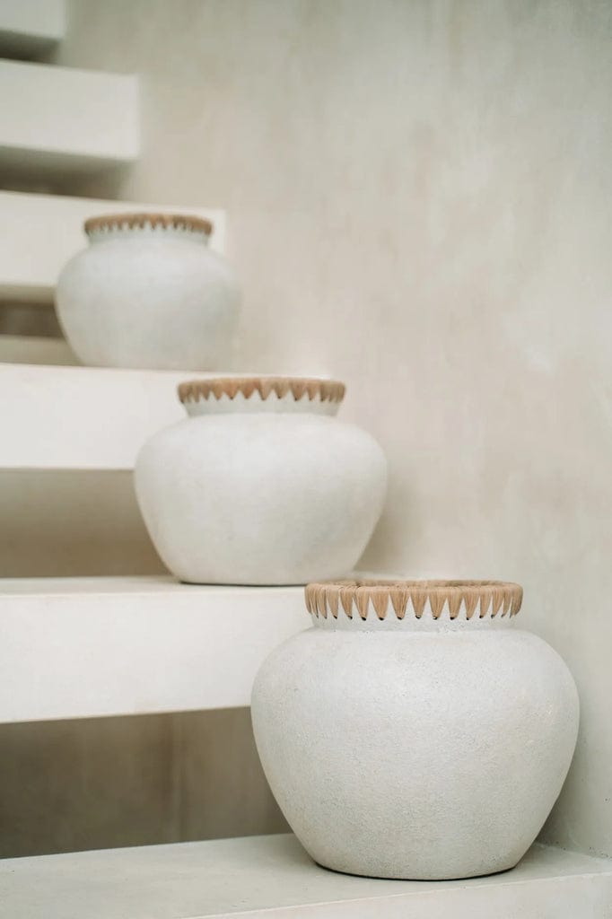 Styly Vase - Natural Concrete with raffia detail, suitable for dried flowers.