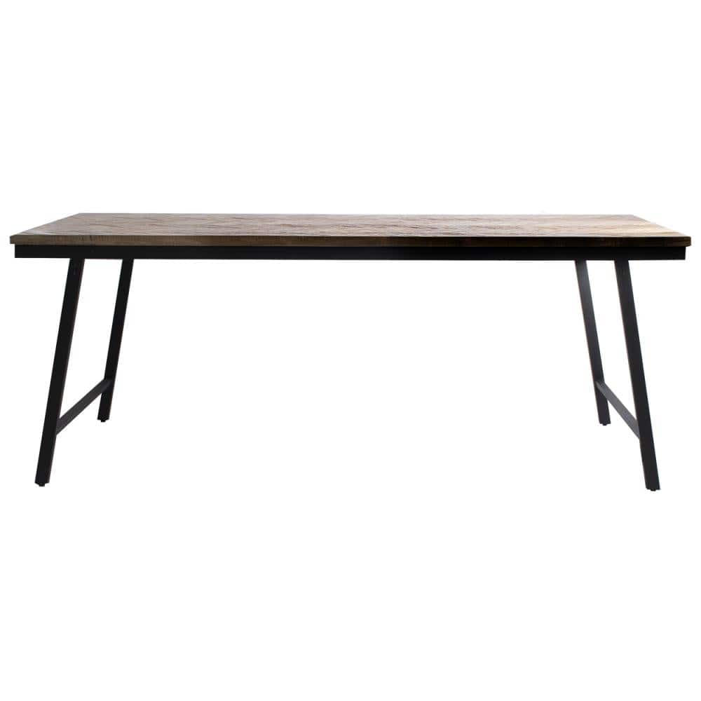 Herringbone Console - Natural teak wood table with black iron accents, foldable design for indoor and covered outdoor use.