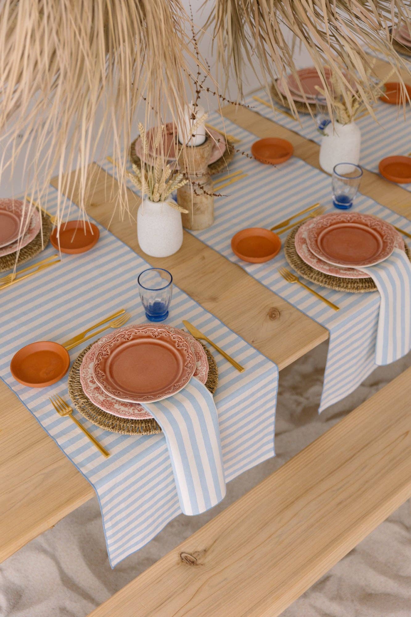 Sky blue cotton tablecloth with horizontal white stripes, 170x320 cm

