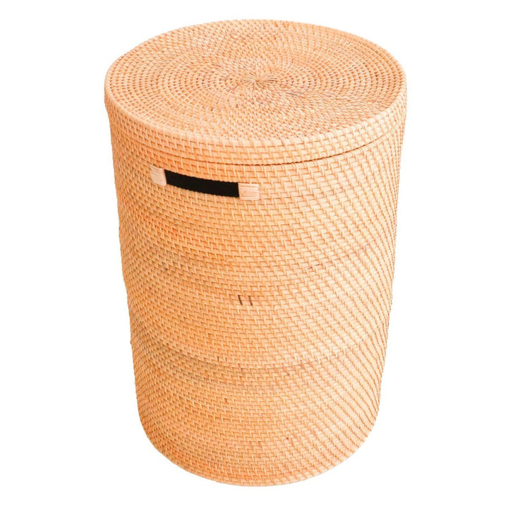Woven basket with a lid on a white background