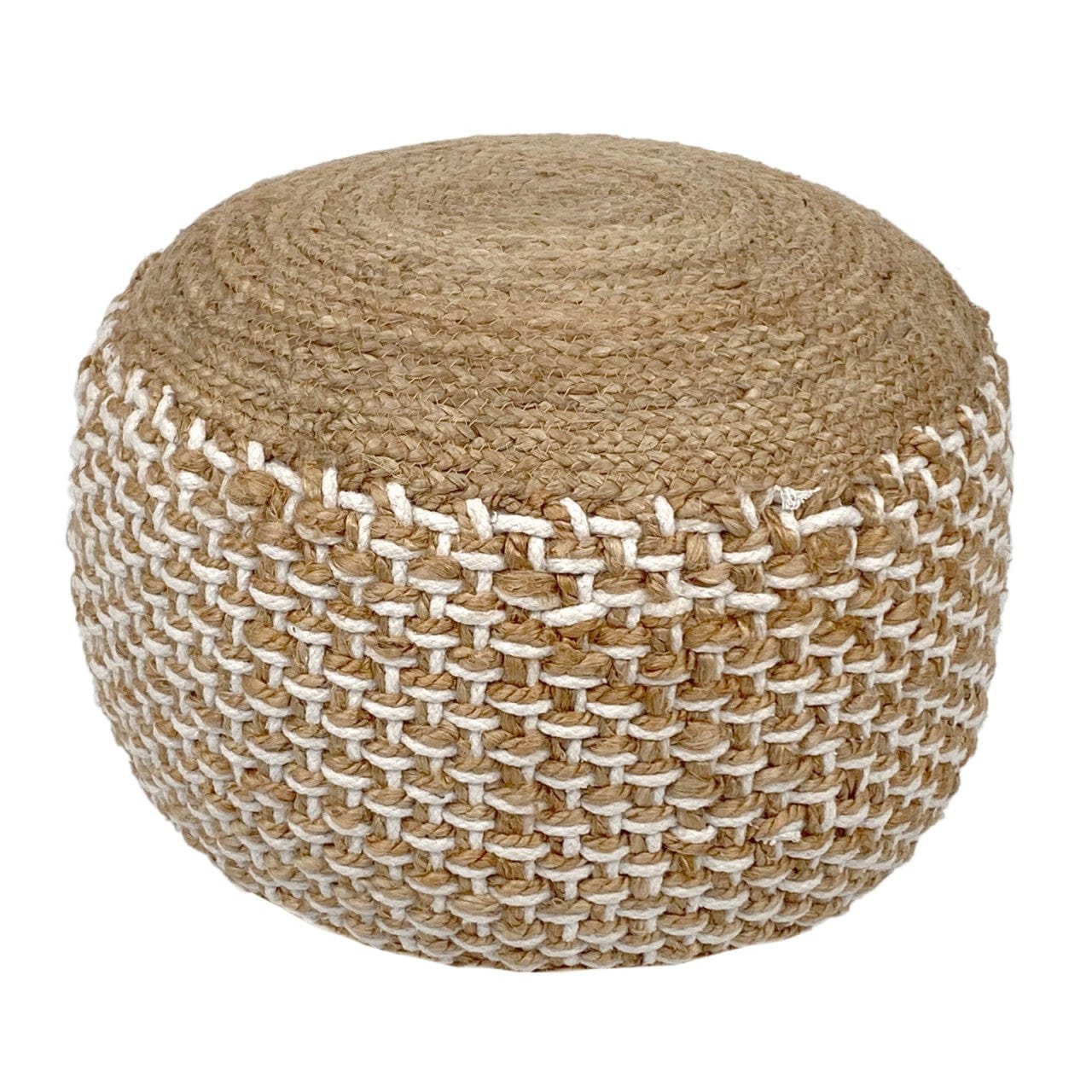 Round pouf with natural jute top and jute-cotton woven sides, 50x50x35 cm, handmade
