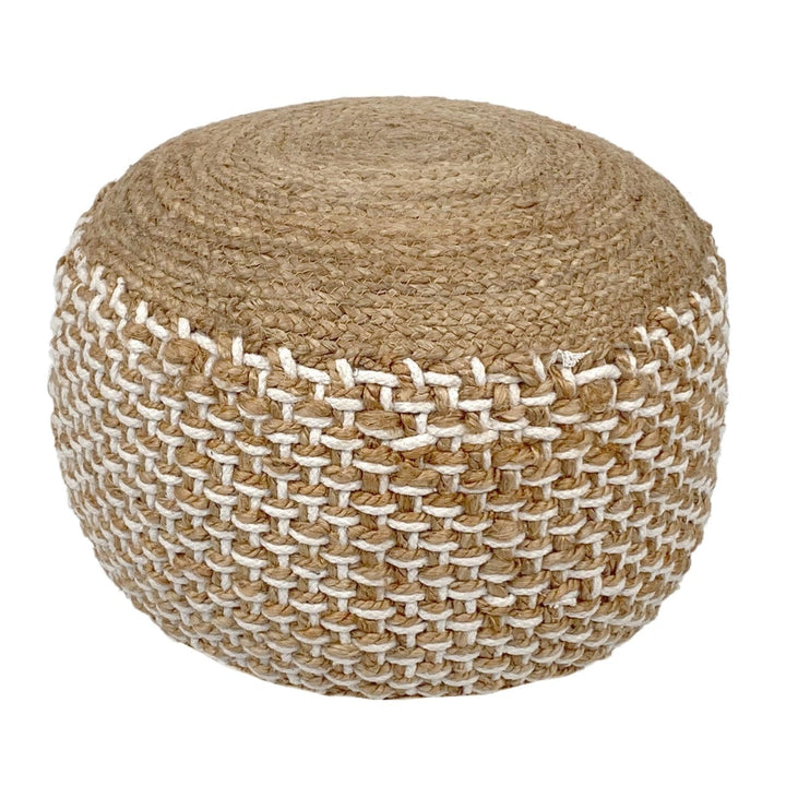 Round pouf with natural jute top and jute-cotton woven sides, 50x50x35 cm, handmade