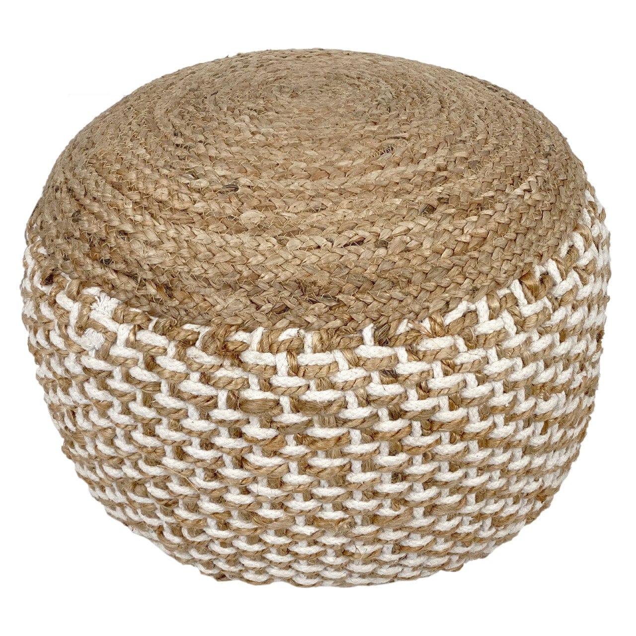 Round woven ottoman with natural and white pattern on a white background