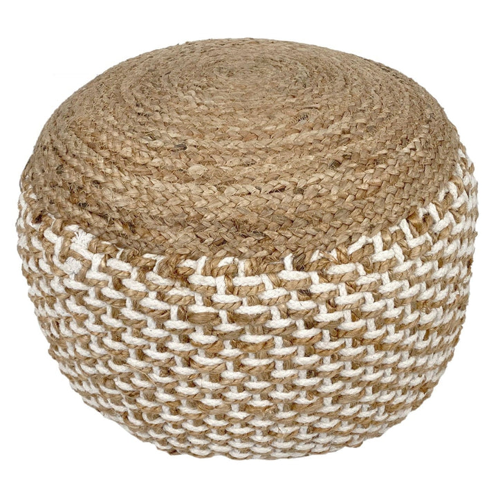 Round woven ottoman with natural and white pattern on a white background