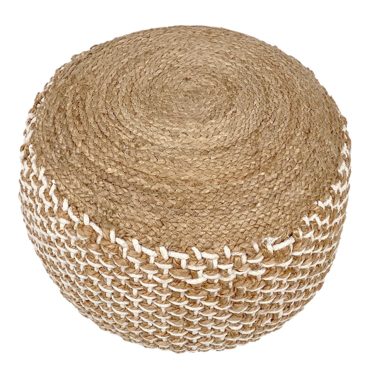 Round woven ottoman with natural and white pattern on a white background