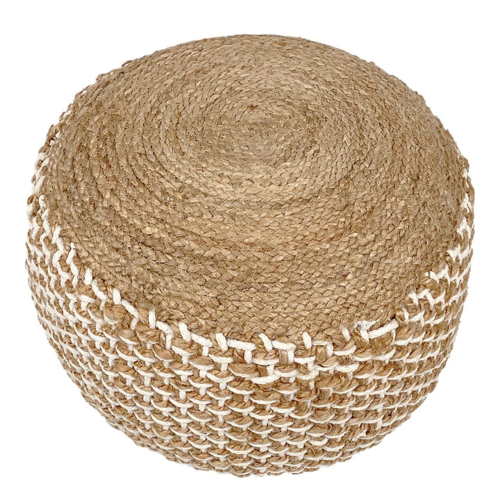 Round woven ottoman with natural and white pattern on a white background