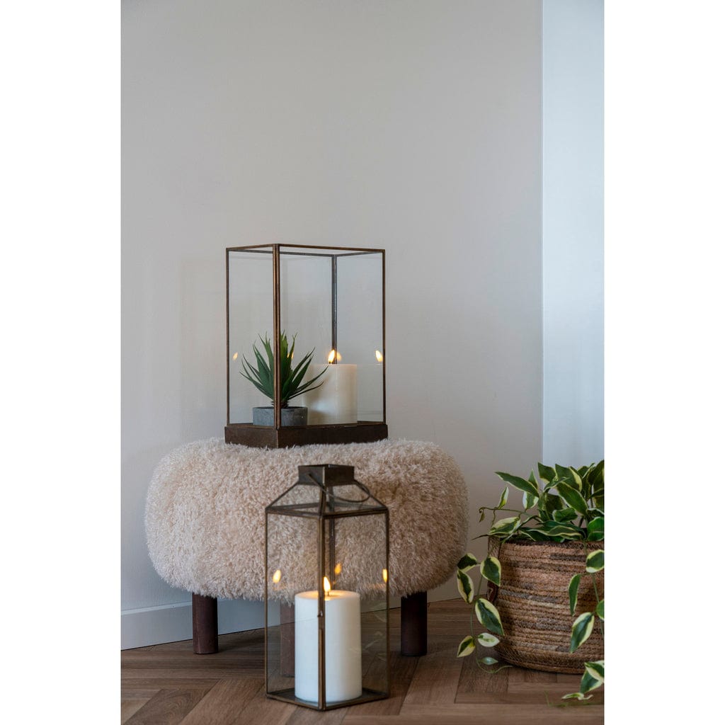 Manali lantern in antique brass finish with glass panels for candlelight