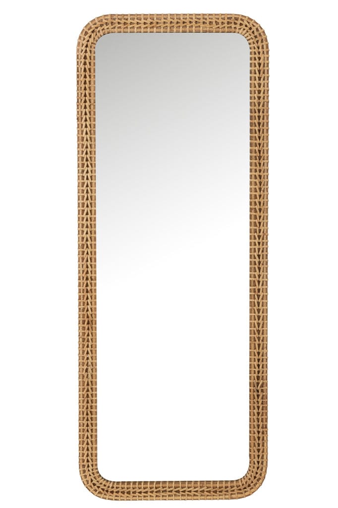 Rectangle fir wood mirror with rattan detail and natural finish.