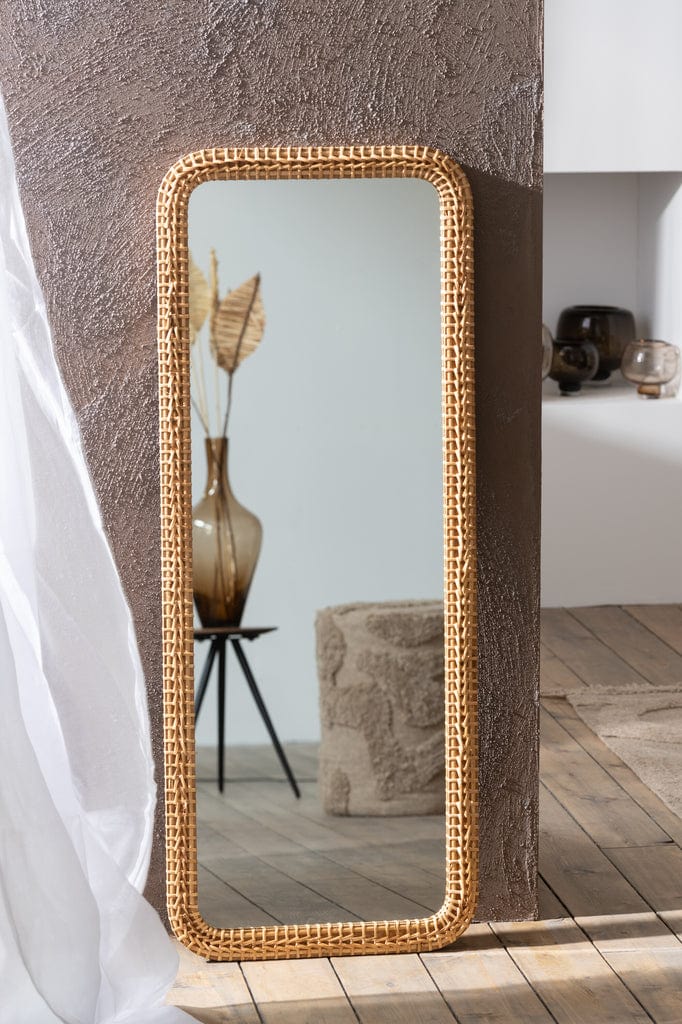 Rectangle fir wood mirror with rattan detail in a natural finish, adding rustic charm to interiors.