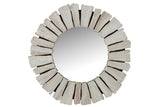 Round white wood mirror with rustic frame design, 66 cm diameter, ideal for modern interiors.