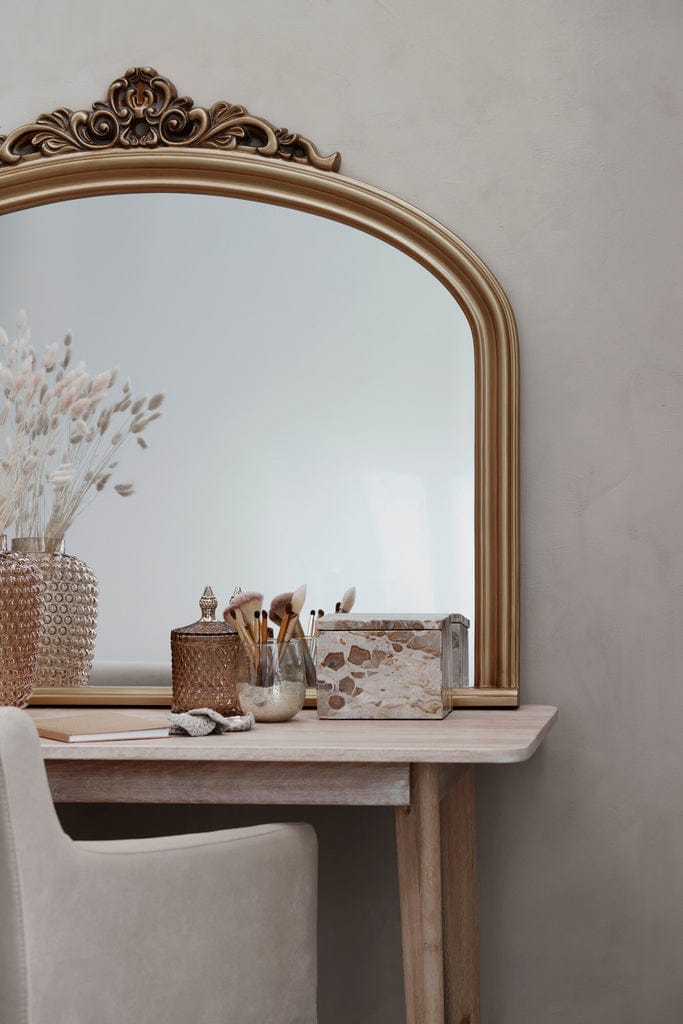 Ellia Marble Decorative Box on a wooden table with mirror, showcasing handcrafted trinket storage in a luxurious setting.