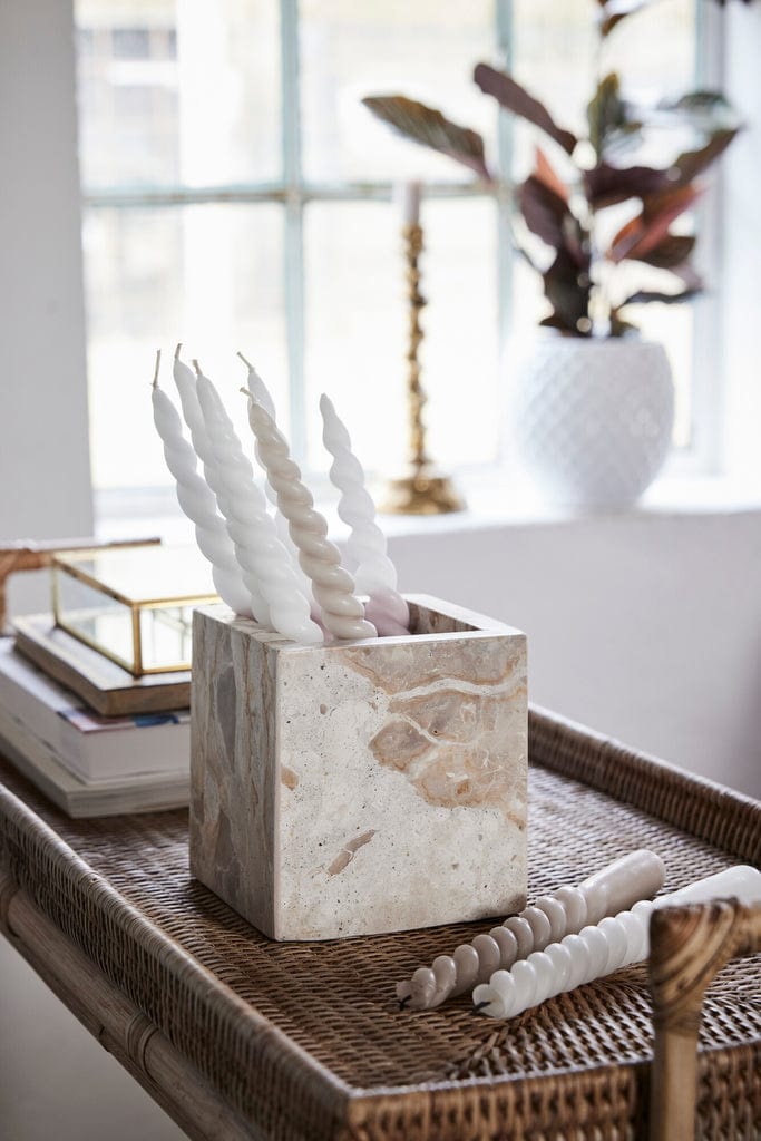 Ellia Marble Box 12x12 cm on table, elegant decor with twisted candles.