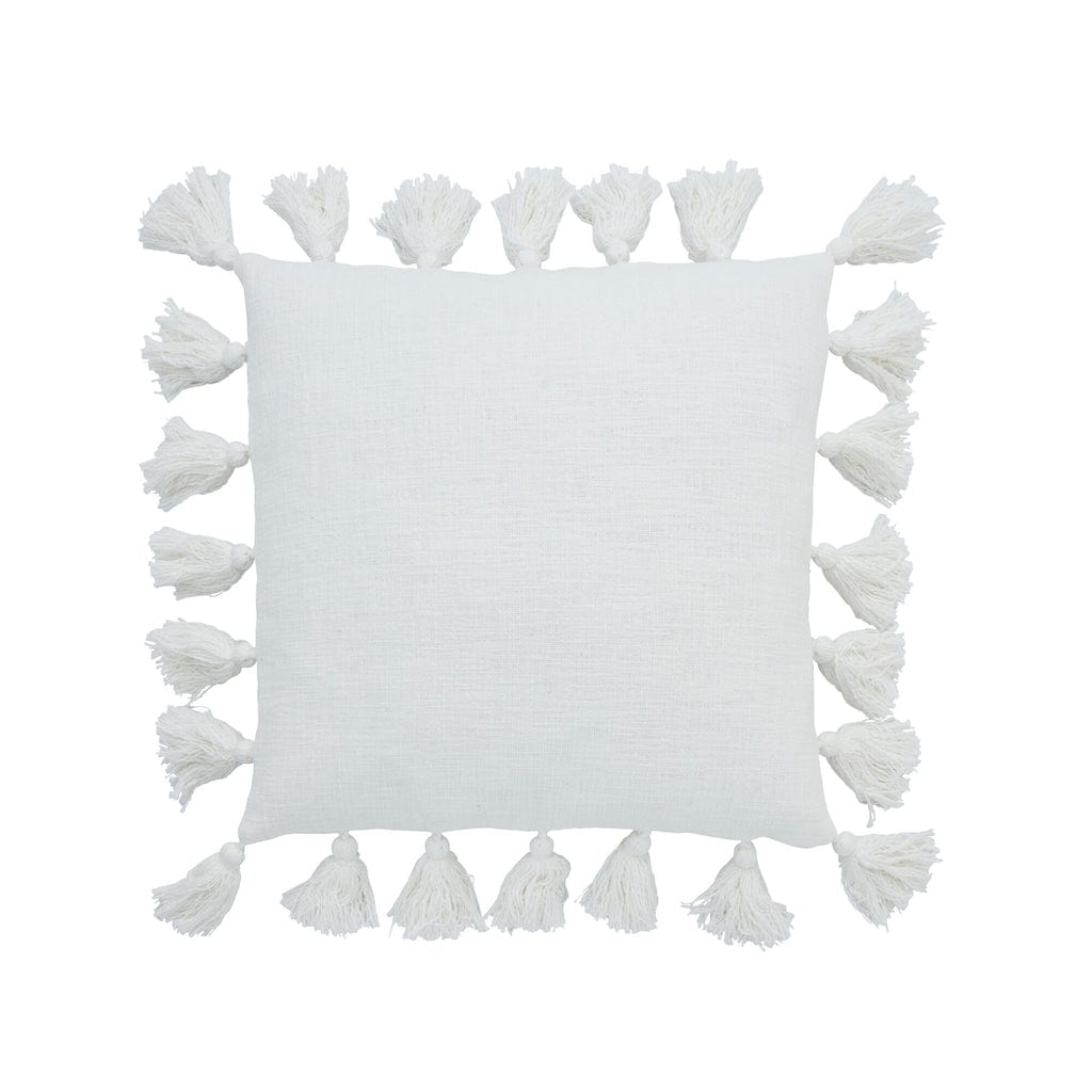 "Elegant Feminia handcrafted cushion with tassels, blending modern and classic styles, OEKO-TEX® certified."