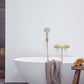 Viola Vase 33x33 cm Linen placed on a wooden shelf in a modern bathroom setting.