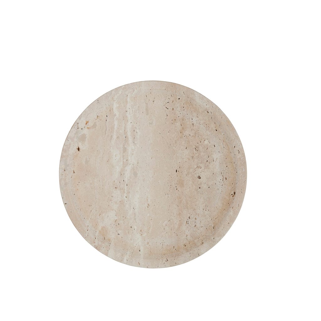 "Travina Tray: Opulent travertine, sleek lines, and classic texture. Elevate your space. Series: Travina, Product type: tray. Dimensions: 19.5cm diameter.