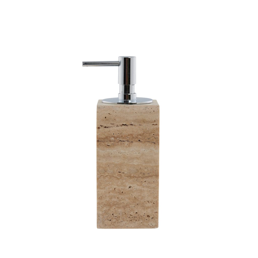 "Travina travertine dispenser: Sophisticated, durable, timeless design."