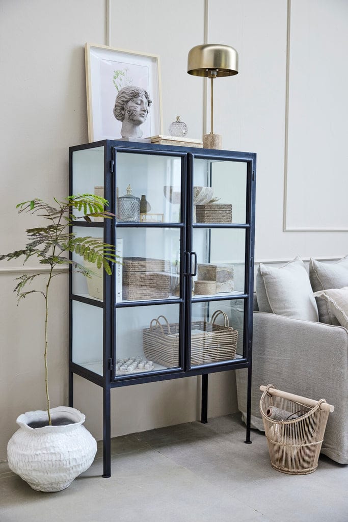 Norah Handwoven Rattan Box in display cabinet, natural storage solution 18x18cm.