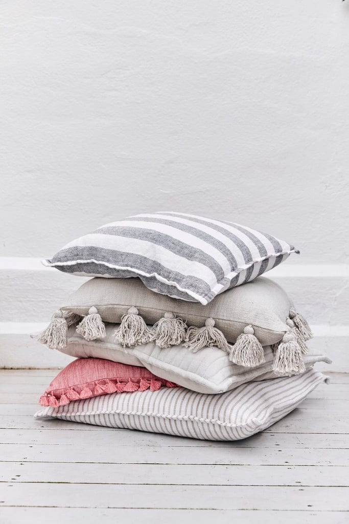 Olivia Cushion 60x60 cm in sand striped design, elegant and durable 100% cotton.