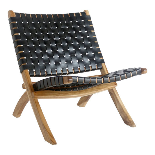 Perugia folding chair in black leather with teak wood legs