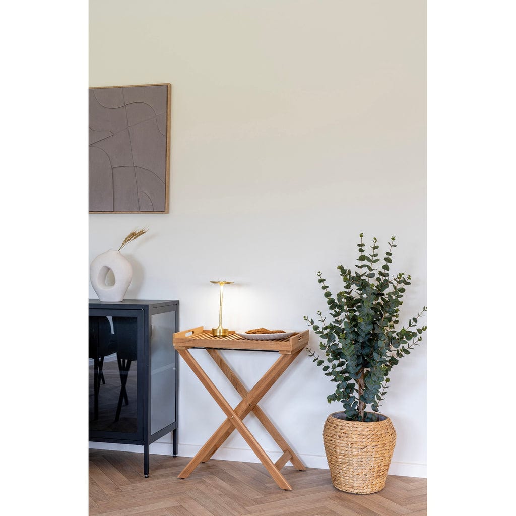 Ronda Tray Table in teak wood with natural finish, displayed in a modern interior setting with decor accents.