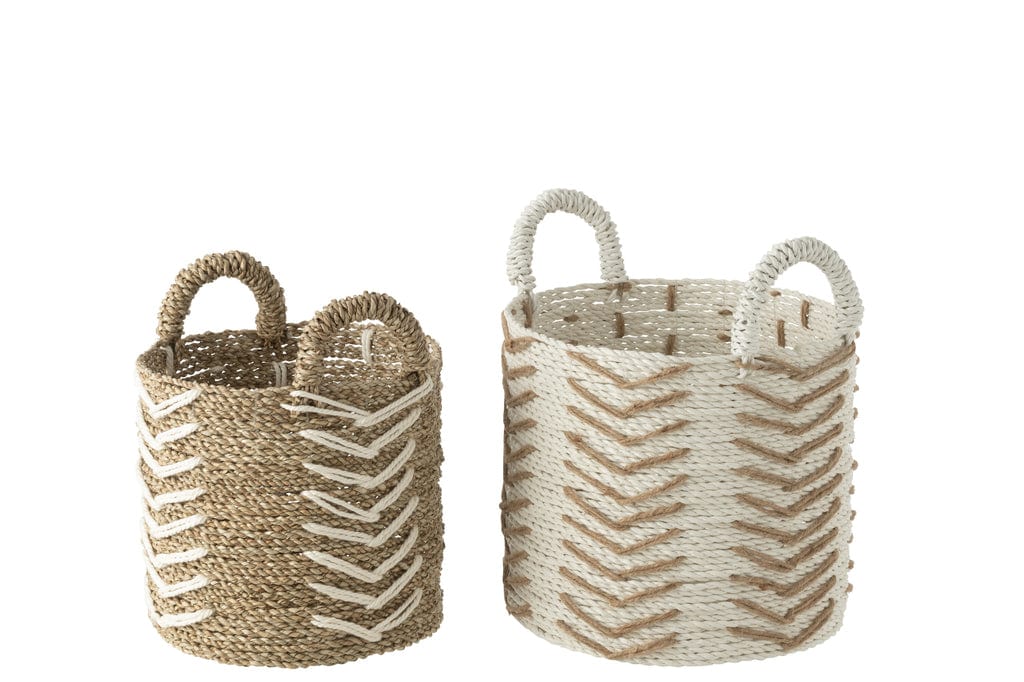 J-Line Set of 2 White & Natural Chevron Raffia Baskets