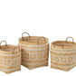 Set of 3 natural and white bamboo baskets with woven pattern and handles for stylish storage.