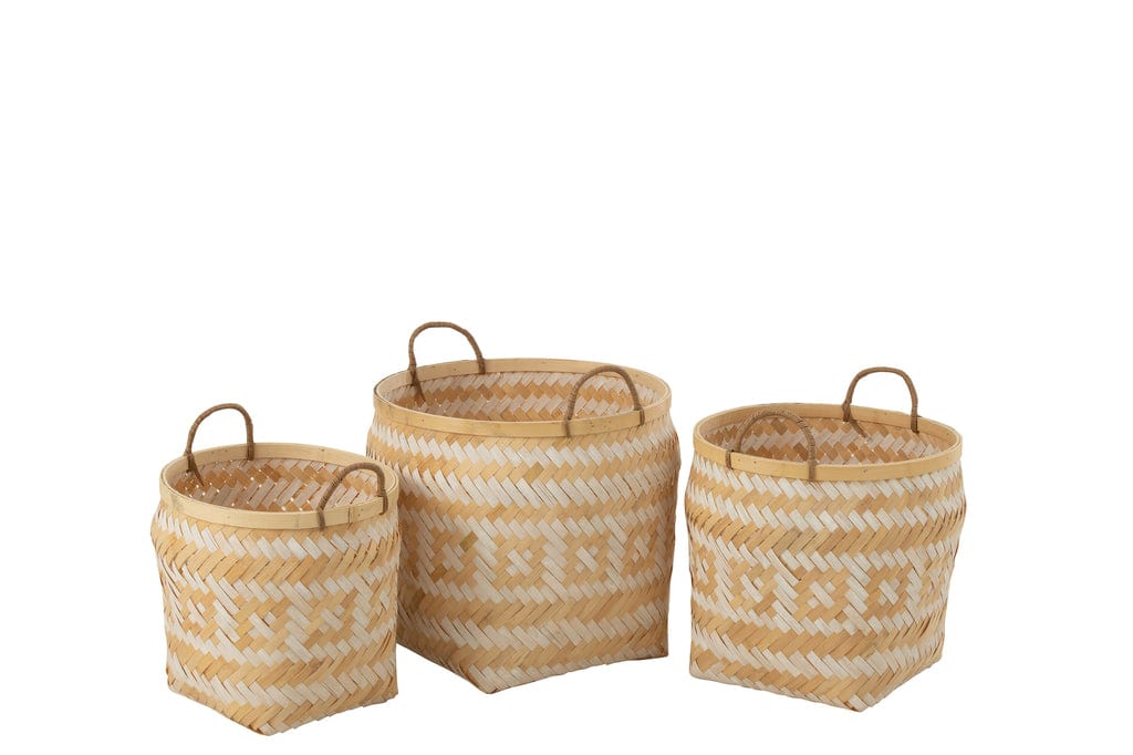 Set of 3 natural and white bamboo baskets with woven pattern and handles for stylish storage.