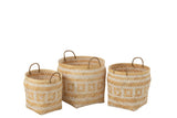 Set of 3 natural and white bamboo baskets with woven pattern and handles for stylish storage.