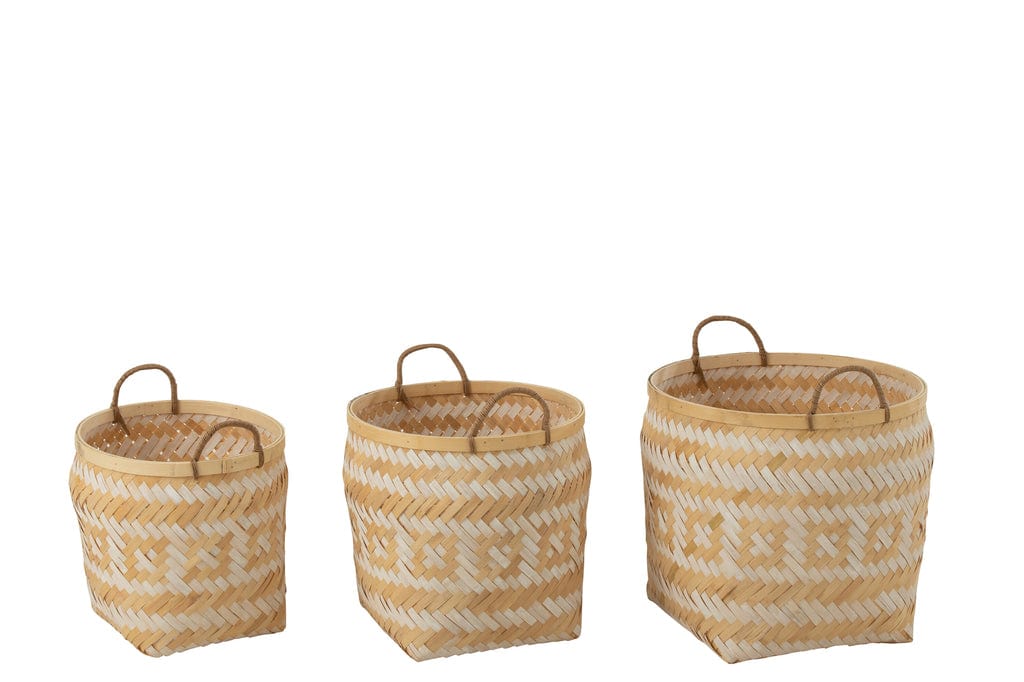 J-Line Set of 3 Natural & White Bamboo Baskets with Handle