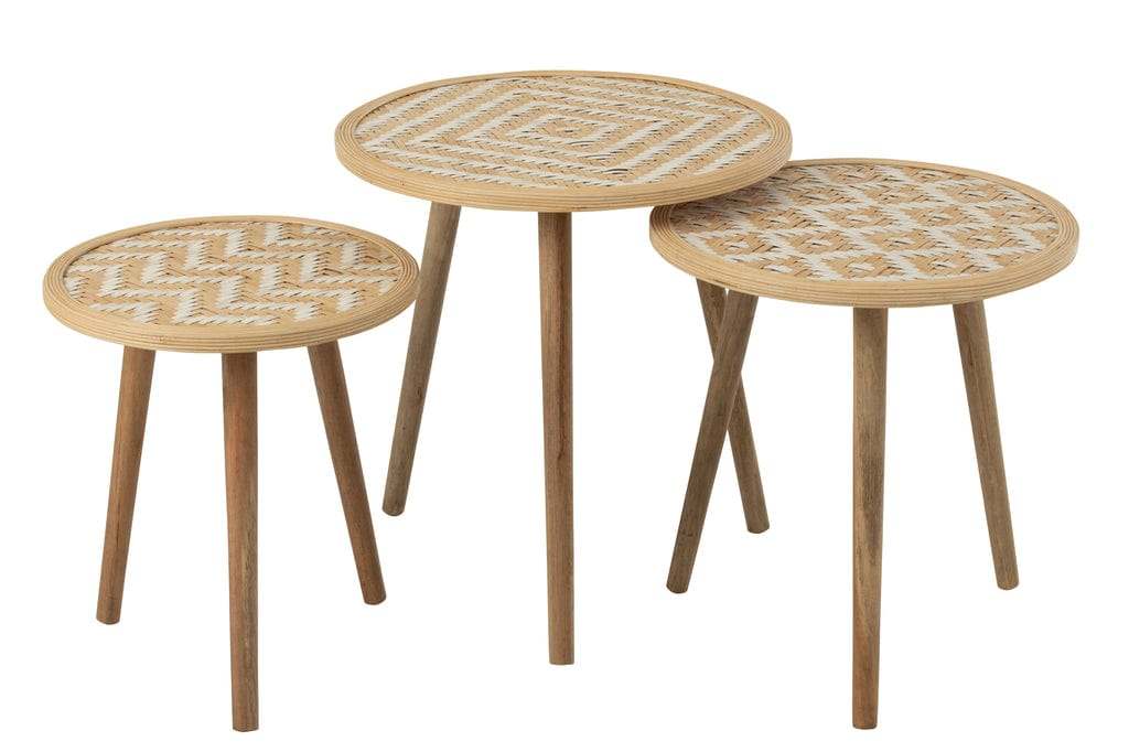 "Set of 3 bamboo and wood side tables with natural/white finish."