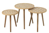 "Set of 3 bamboo and wood side tables with natural/white finish."