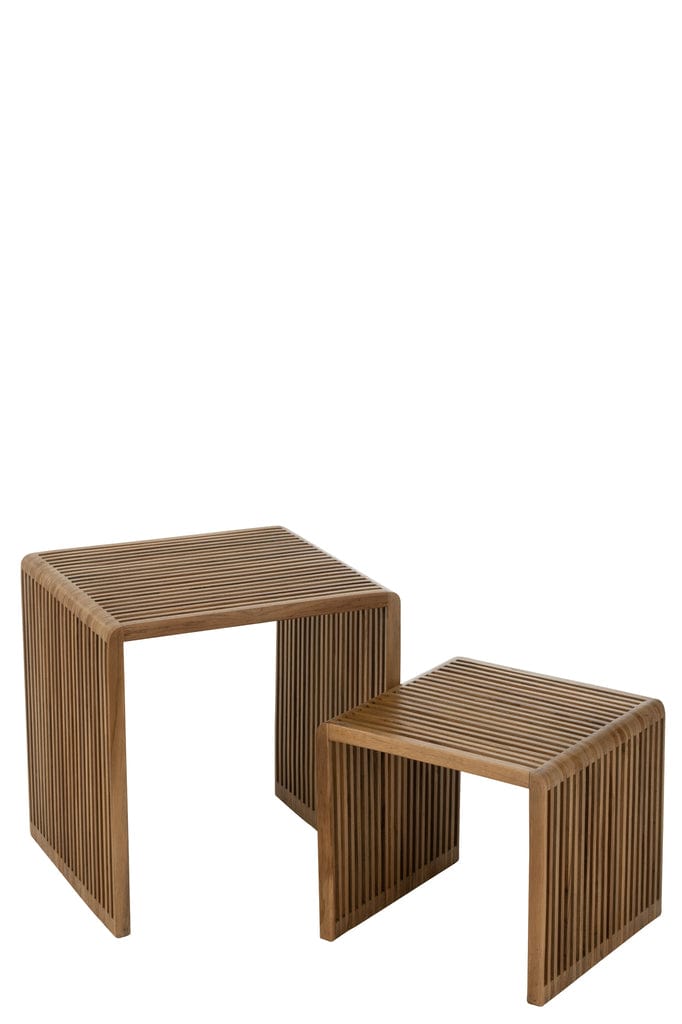 Set of 2 recycled teak cube coffee tables with natural finish.