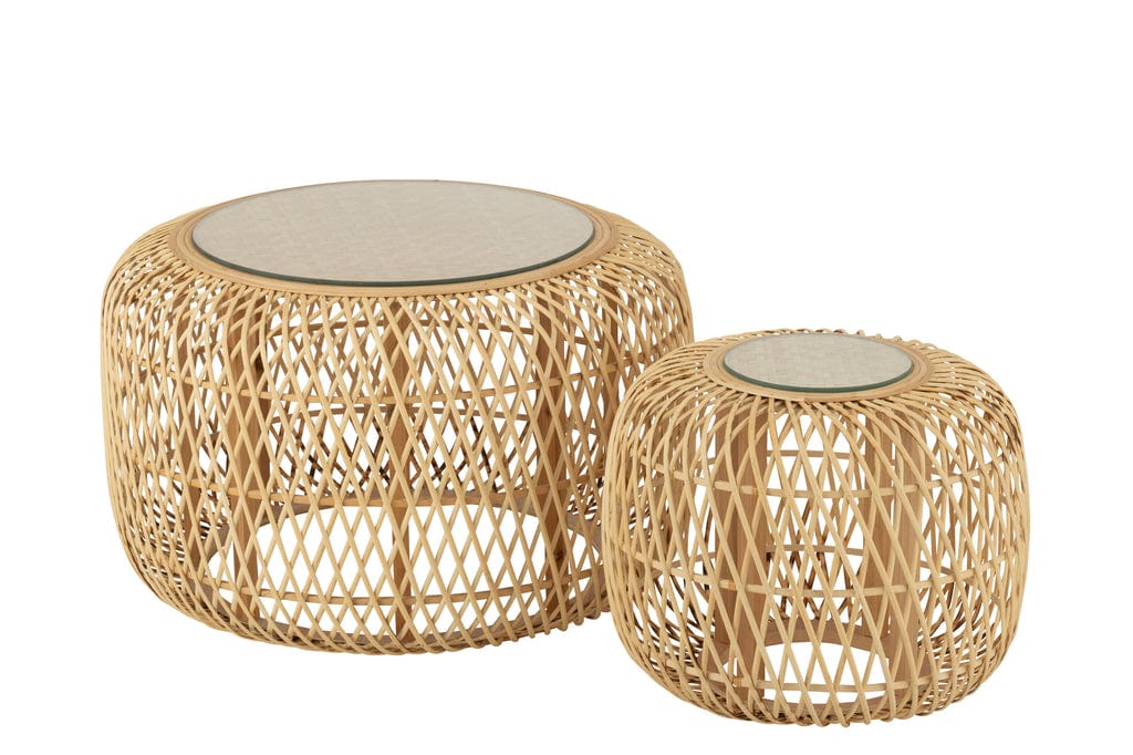 "Set of 2 side tables in bamboo and fir wood with natural finish."