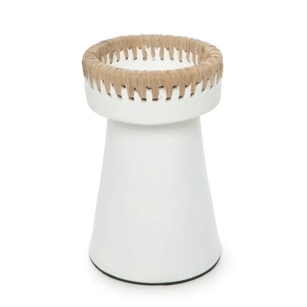 Pretty Candle Holder in white terracotta with raffia accent.