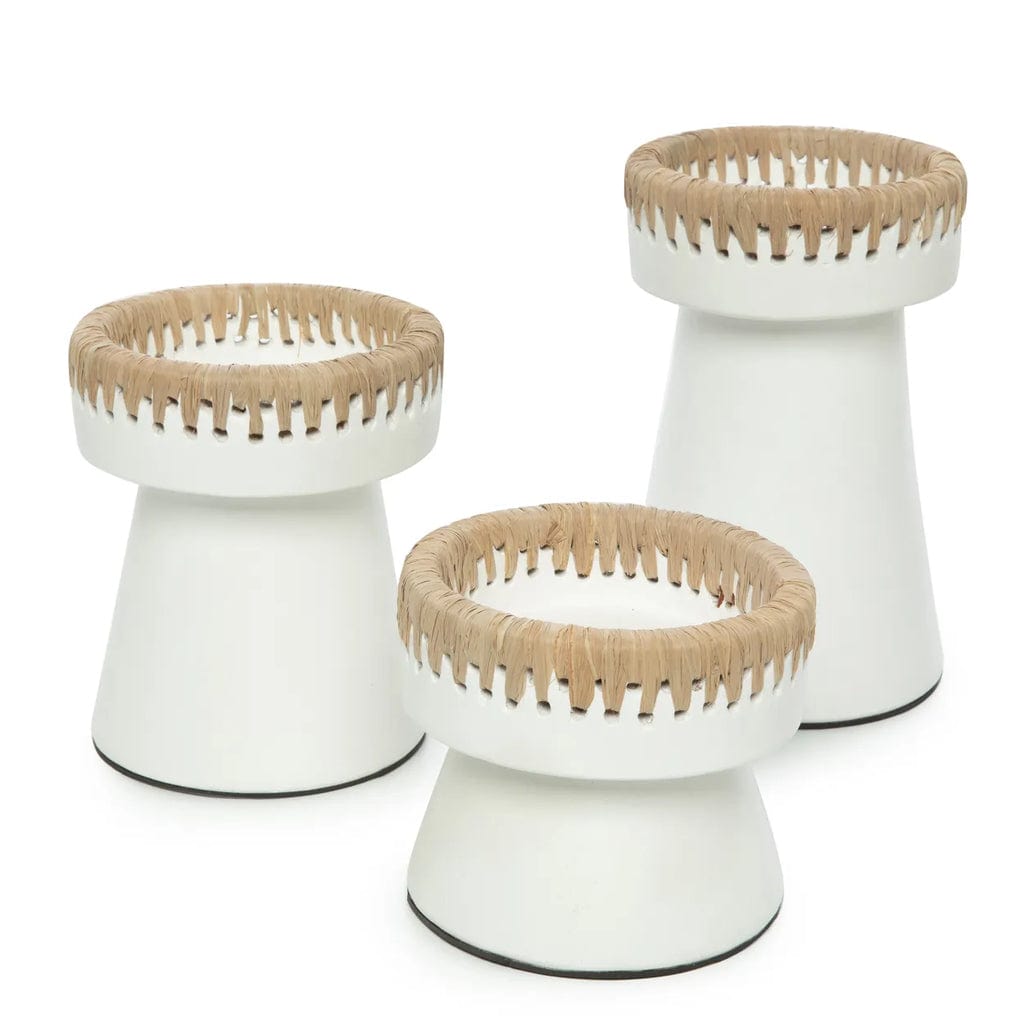 Pretty Candle Holder in white terracotta with raffia accent, stylish decor piece.