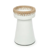 Pretty Candle Holder in white terracotta with raffia accent.