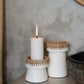 Pretty Candle Holder in white terracotta with raffia accent, stylish room décor.