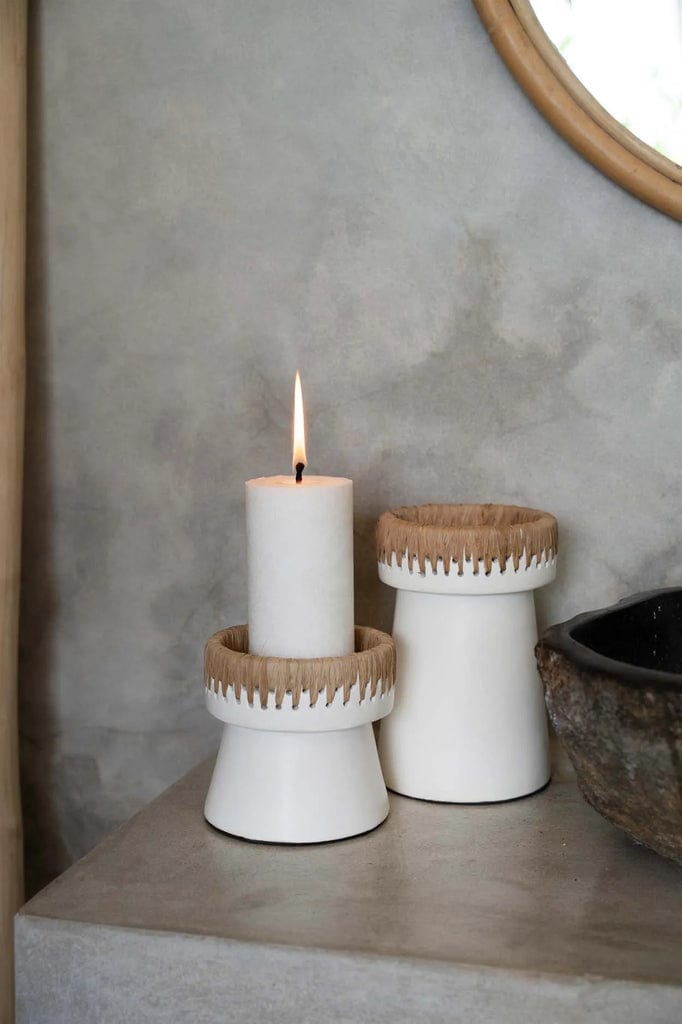 Pretty Candle Holder in white terracotta with raffia accent, stylish room décor.