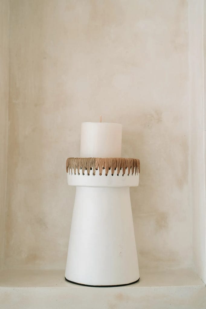 Pretty Candle Holder - White Natural with terracotta and raffia accents, stylish decor for any room.