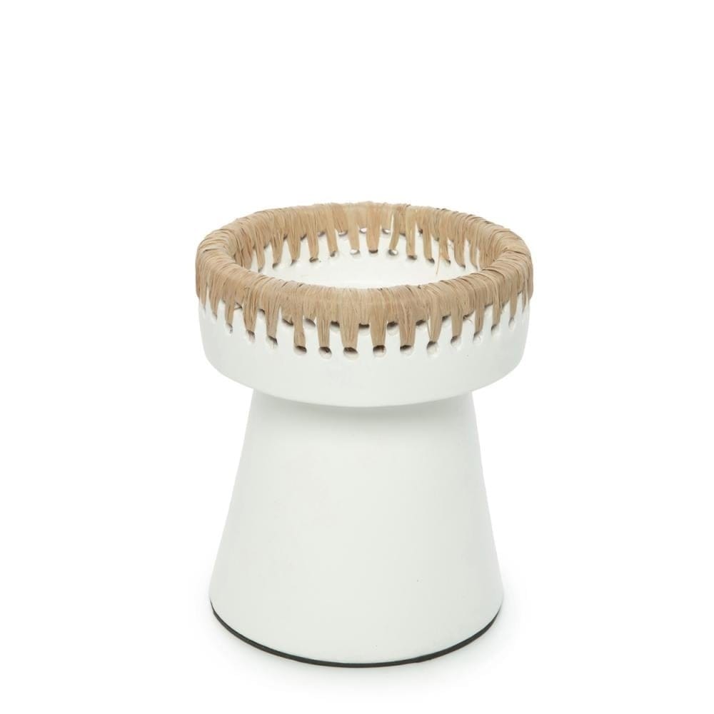 Pretty Candle Holder - White Natural with raffia accent and white terracotta finish.