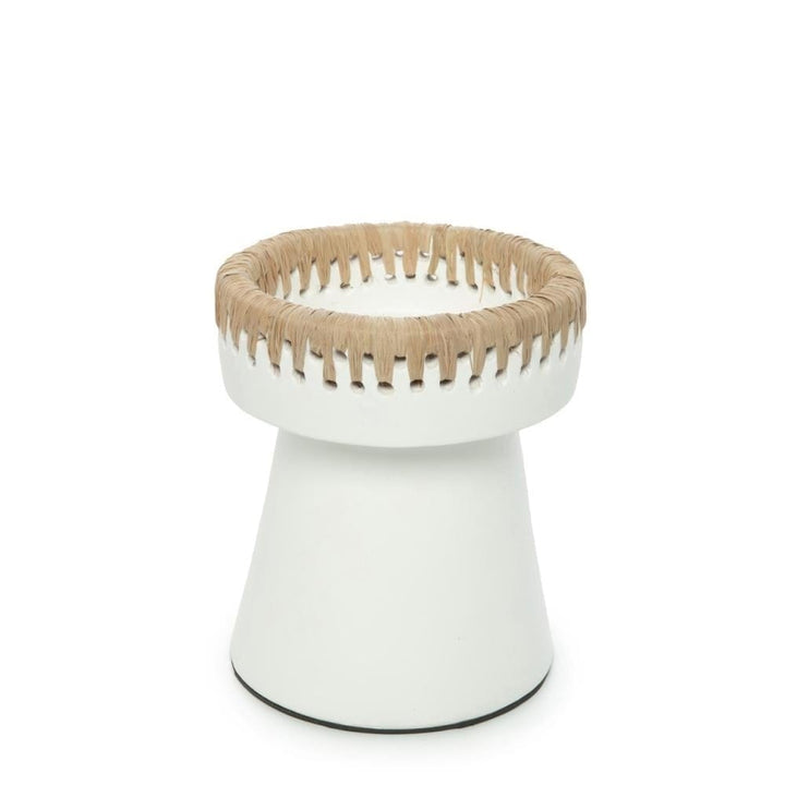 Pretty Candle Holder - White Natural with raffia accent and white terracotta finish.