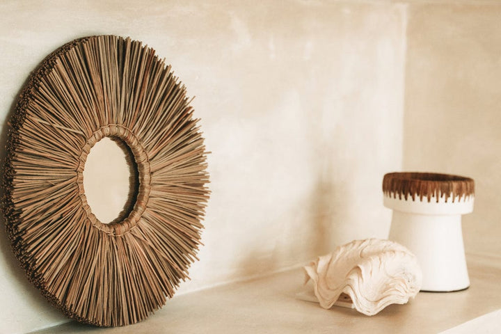 Pretty Candle Holder - White Natural with raffia and terracotta accents, stylish decor.