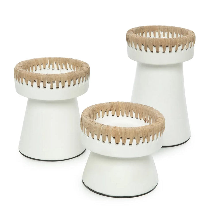 Pretty Candle Holder in white terracotta with raffia accent, available in three heights.