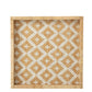 "Square natural rattan tray with white pattern design."