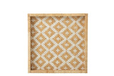 "Square natural rattan tray with white pattern design."