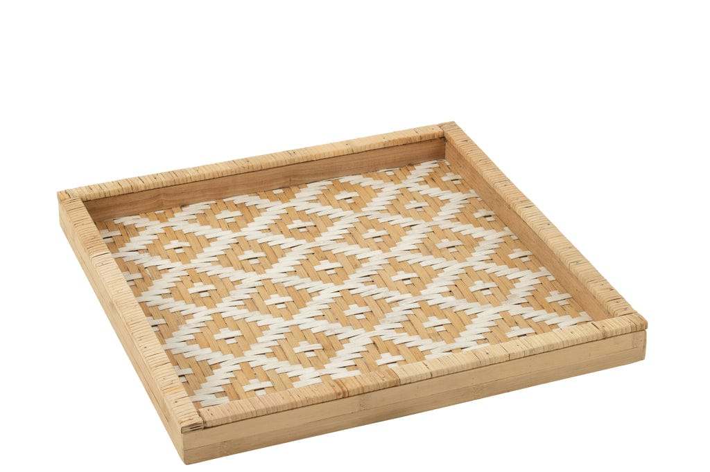 J-Line Square Rattan Tray – Natural with White Pattern 51x51cm