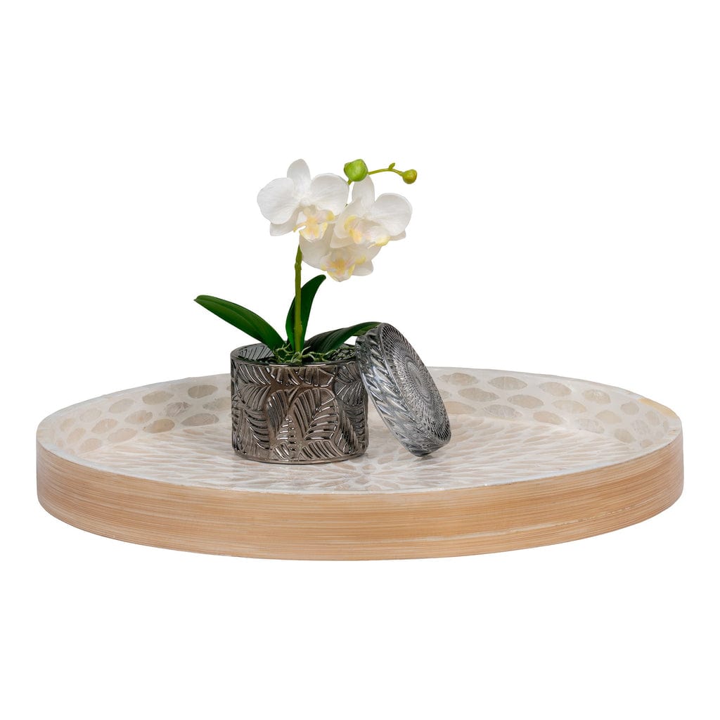 Bamboo and capiz serving tray in beige with decorative accents, measuring 40x40x3.5 cm.