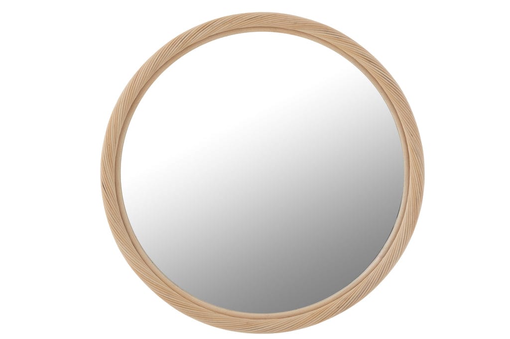 Round rattan wall mirror with natural frame, large size, 81 cm, adds warmth and style to interiors.